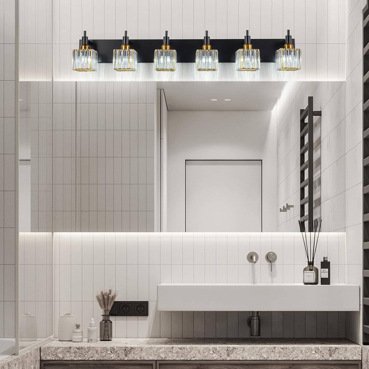 Moderna lámpara de tocador de baño de cristal de 3 luces de latón para pared, sobre espejo, iluminación de tocador negra y dorada para baño, pantalla cuadrada, aplique de pared de latón - Imagen 105