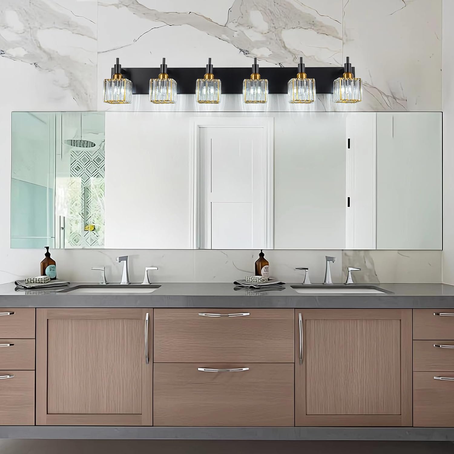Moderna lámpara de tocador de baño de cristal de 3 luces de latón para pared, sobre espejo, iluminación de tocador negra y dorada para baño, pantalla cuadrada, aplique de pared de latón - Imagen 108