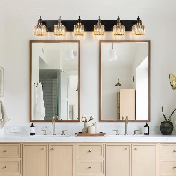 Moderna lámpara de tocador de baño de cristal de 3 luces de latón para pared, sobre espejo, iluminación de tocador negra y dorada para baño, pantalla cuadrada, aplique de pared de latón - Imagen 109