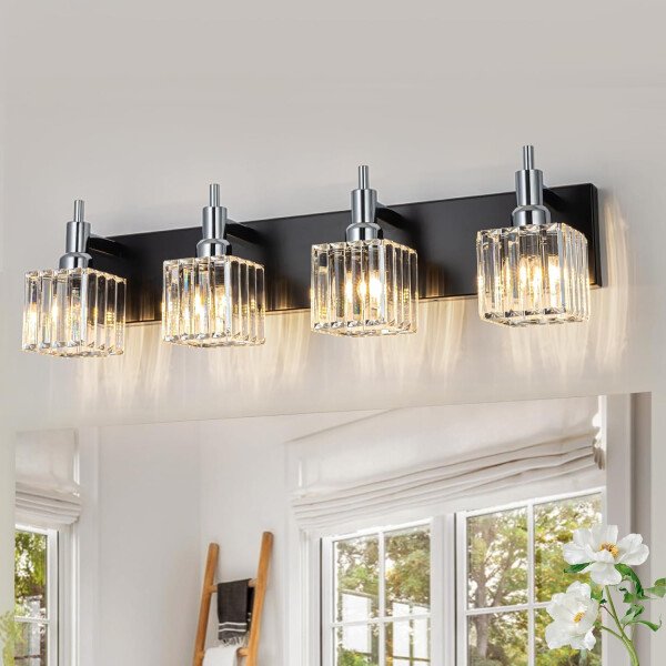 Moderna lámpara de tocador de baño de cristal de 3 luces de latón para pared, sobre espejo, iluminación de tocador negra y dorada para baño, pantalla cuadrada, aplique de pared de latón - Imagen 110