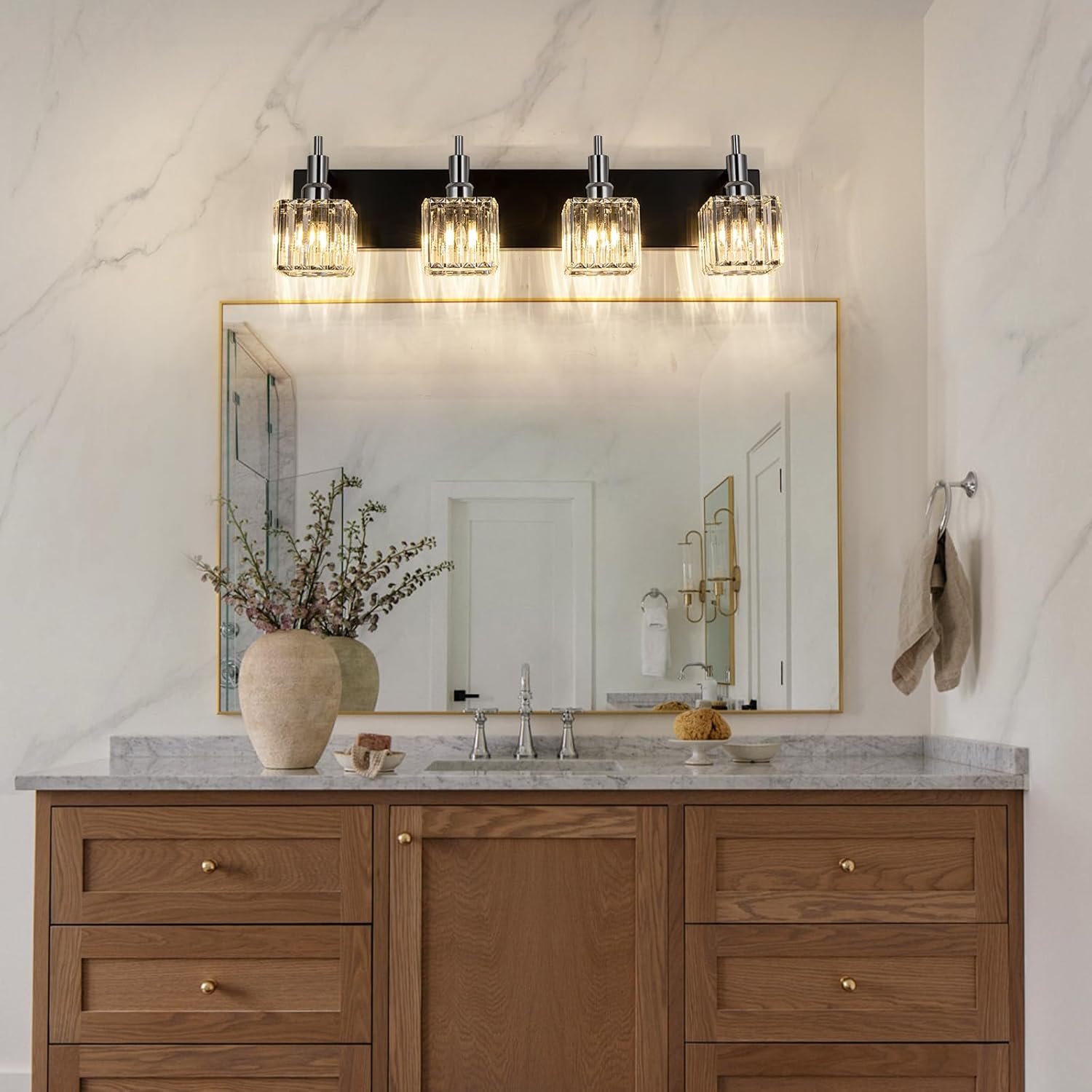 Moderna lámpara de tocador de baño de cristal de 3 luces de latón para pared, sobre espejo, iluminación de tocador negra y dorada para baño, pantalla cuadrada, aplique de pared de latón - Imagen 111