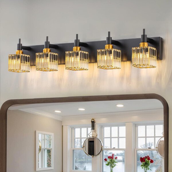 Moderna lámpara de tocador de baño de cristal de 3 luces de latón para pared, sobre espejo, iluminación de tocador negra y dorada para baño, pantalla cuadrada, aplique de pared de latón - Imagen 118