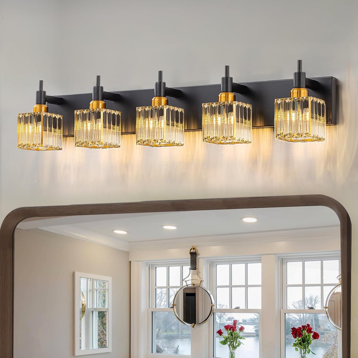 Moderna lámpara de tocador de baño de cristal de 3 luces de latón para pared, sobre espejo, iluminación de tocador negra y dorada para baño, pantalla cuadrada, aplique de pared de latón - Imagen 118