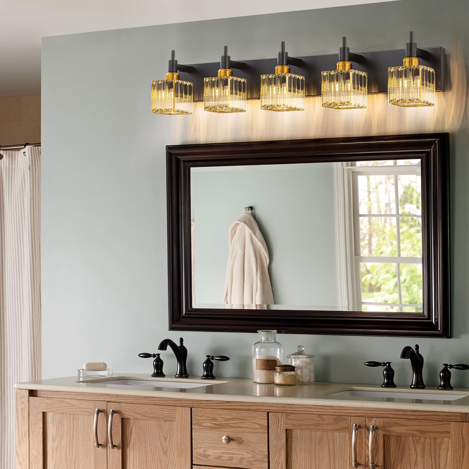 Moderna lámpara de tocador de baño de cristal de 3 luces de latón para pared, sobre espejo, iluminación de tocador negra y dorada para baño, pantalla cuadrada, aplique de pared de latón - Imagen 122