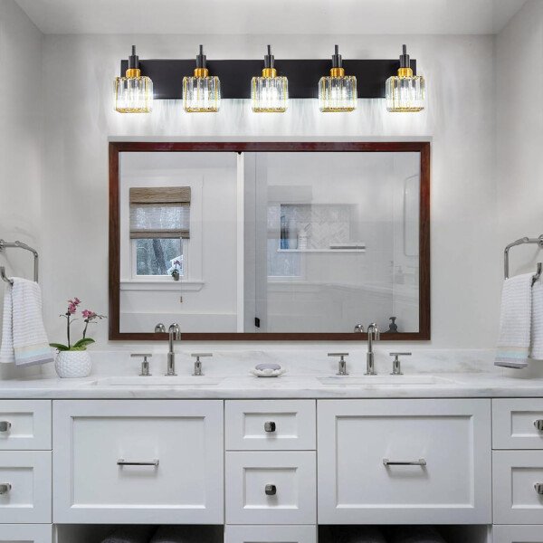 Moderna lámpara de tocador de baño de cristal de 3 luces de latón para pared, sobre espejo, iluminación de tocador negra y dorada para baño, pantalla cuadrada, aplique de pared de latón - Imagen 123
