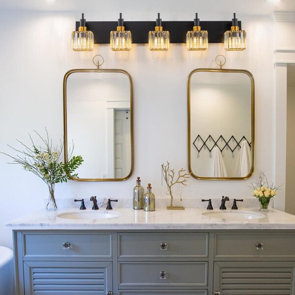 Moderna lámpara de tocador de baño de cristal de 3 luces de latón para pared, sobre espejo, iluminación de tocador negra y dorada para baño, pantalla cuadrada, aplique de pared de latón - Imagen 124