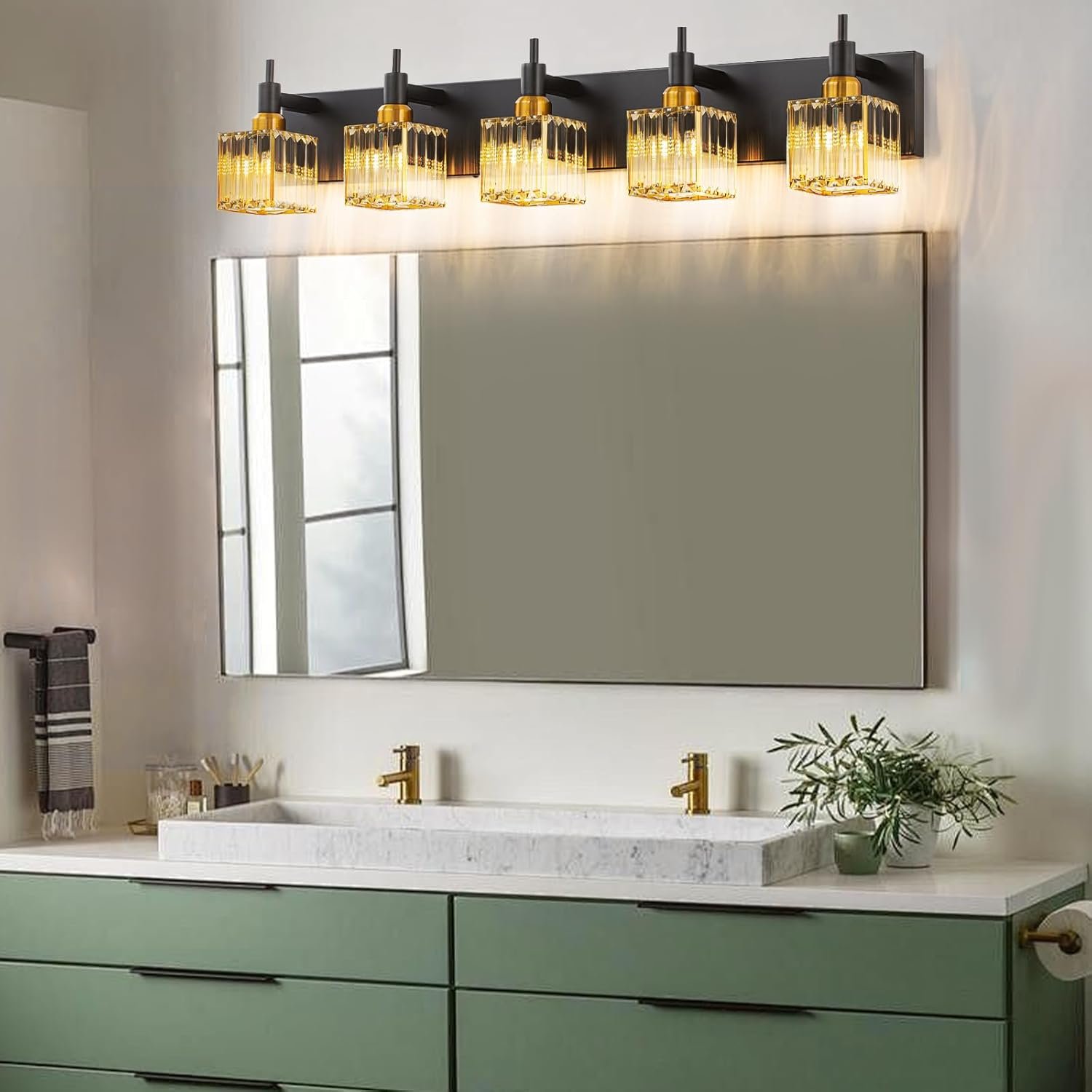 Moderna lámpara de tocador de baño de cristal de 3 luces de latón para pared, sobre espejo, iluminación de tocador negra y dorada para baño, pantalla cuadrada, aplique de pared de latón - Imagen 125