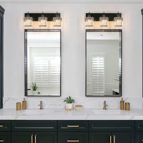 Moderna lámpara de tocador de baño de cristal de 3 luces de latón para pared, sobre espejo, iluminación de tocador negra y dorada para baño, pantalla cuadrada, aplique de pared de latón - Imagen 132