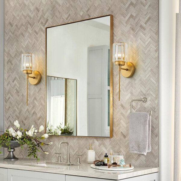 Moderna lámpara de tocador de baño de cristal de 3 luces de latón para pared, sobre espejo, iluminación de tocador negra y dorada para baño, pantalla cuadrada, aplique de pared de latón - Imagen 134