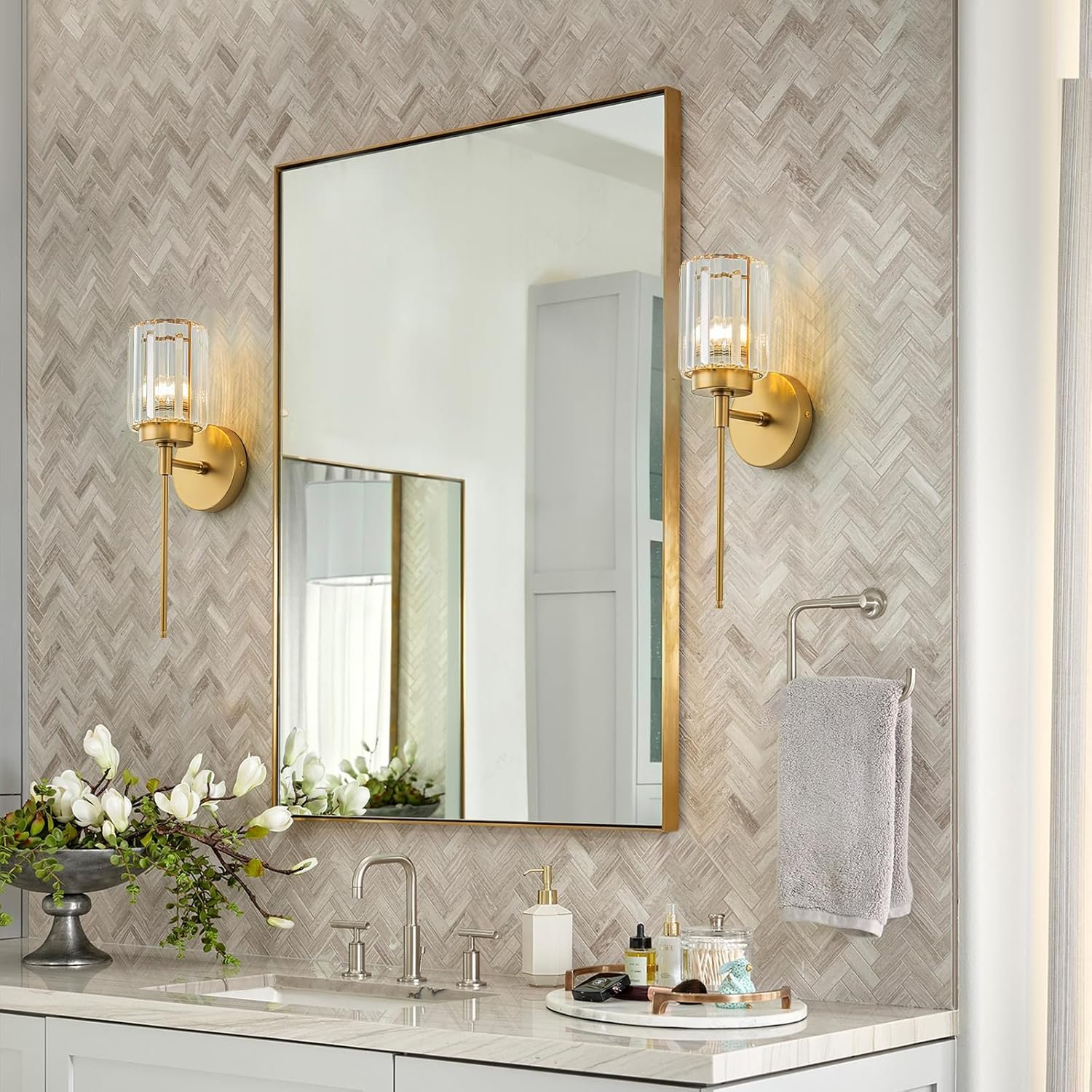 Moderna lámpara de tocador de baño de cristal de 3 luces de latón para pared, sobre espejo, iluminación de tocador negra y dorada para baño, pantalla cuadrada, aplique de pared de latón - Imagen 134