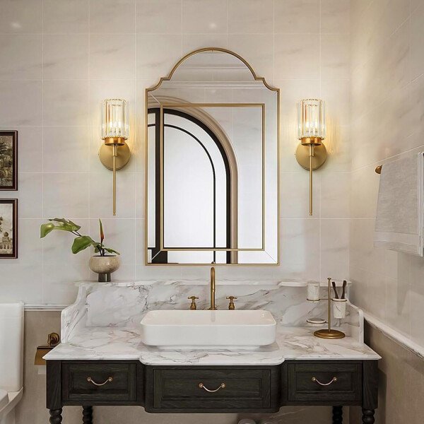 Moderna lámpara de tocador de baño de cristal de 3 luces de latón para pared, sobre espejo, iluminación de tocador negra y dorada para baño, pantalla cuadrada, aplique de pared de latón - Imagen 137