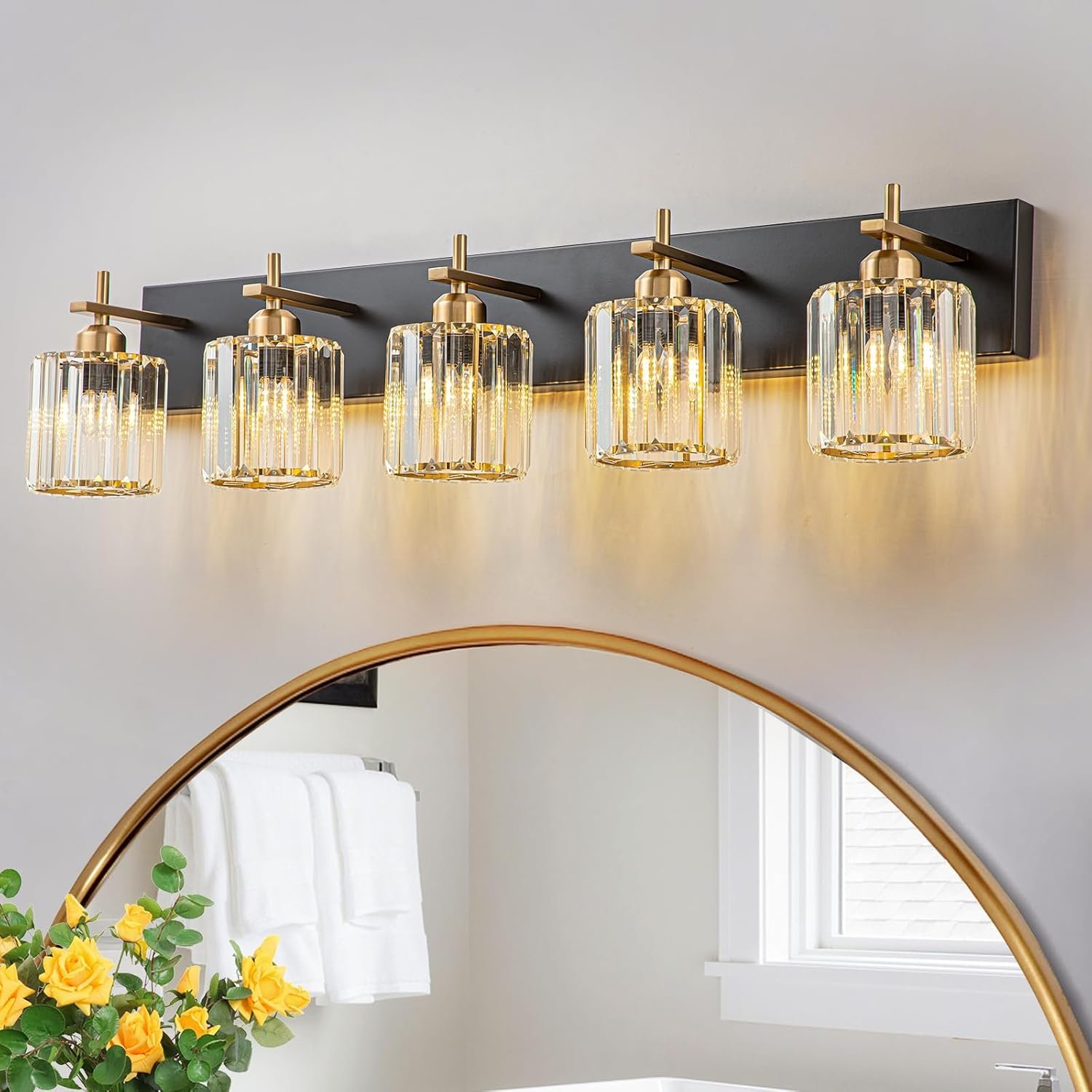 Moderna lámpara de tocador de baño de cristal de 3 luces de latón para pared, sobre espejo, iluminación de tocador negra y dorada para baño, pantalla cuadrada, aplique de pared de latón - Imagen 141