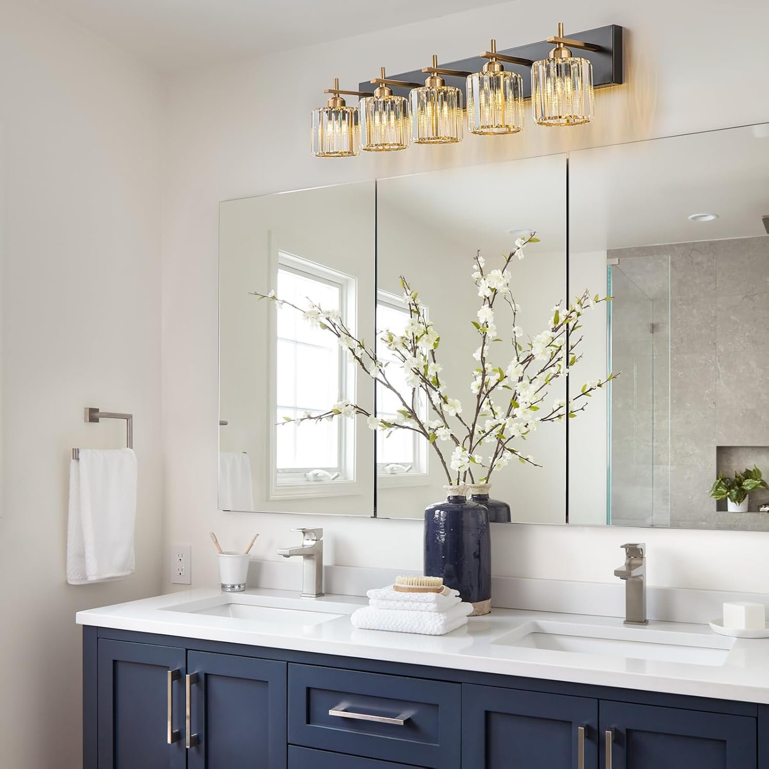 Moderna lámpara de tocador de baño de cristal de 3 luces de latón para pared, sobre espejo, iluminación de tocador negra y dorada para baño, pantalla cuadrada, aplique de pared de latón - Imagen 143