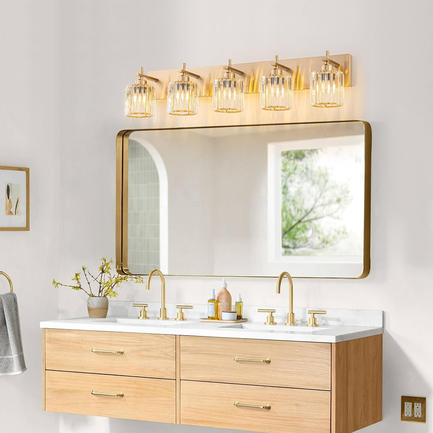 Moderna lámpara de tocador de baño de cristal de 3 luces de latón para pared, sobre espejo, iluminación de tocador negra y dorada para baño, pantalla cuadrada, aplique de pared de latón - Imagen 149