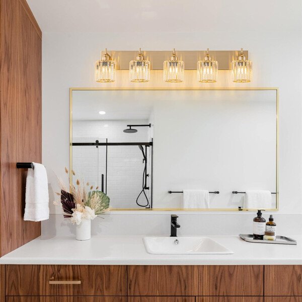 Moderna lámpara de tocador de baño de cristal de 3 luces de latón para pared, sobre espejo, iluminación de tocador negra y dorada para baño, pantalla cuadrada, aplique de pared de latón - Imagen 151