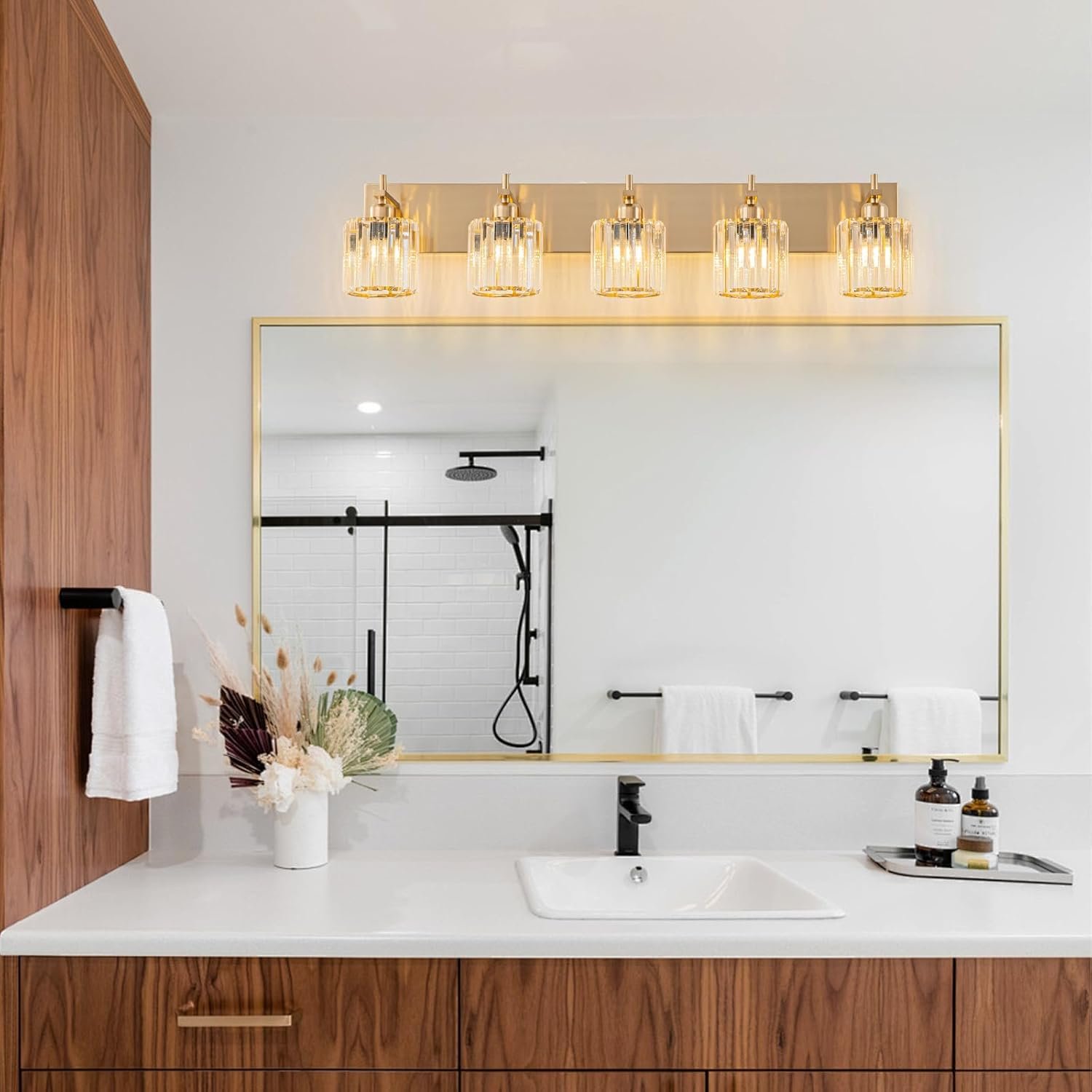 Moderna lámpara de tocador de baño de cristal de 3 luces de latón para pared, sobre espejo, iluminación de tocador negra y dorada para baño, pantalla cuadrada, aplique de pared de latón - Imagen 151