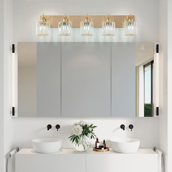 Moderna lámpara de tocador de baño de cristal de 3 luces de latón para pared, sobre espejo, iluminación de tocador negra y dorada para baño, pantalla cuadrada, aplique de pared de latón - Imagen 154