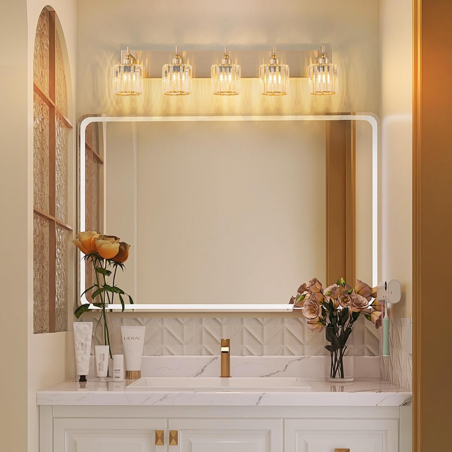 Moderna lámpara de tocador de baño de cristal de 3 luces de latón para pared, sobre espejo, iluminación de tocador negra y dorada para baño, pantalla cuadrada, aplique de pared de latón - Imagen 155