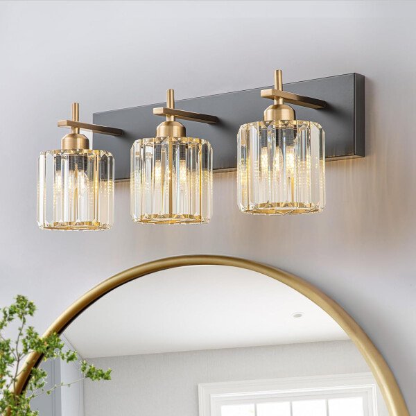 Moderna lámpara de tocador de baño de cristal de 3 luces de latón para pared, sobre espejo, iluminación de tocador negra y dorada para baño, pantalla cuadrada, aplique de pared de latón - Imagen 156