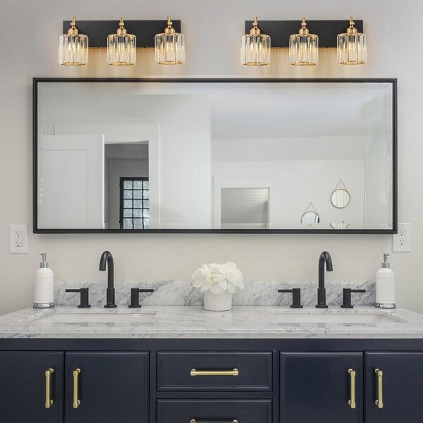 Moderna lámpara de tocador de baño de cristal de 3 luces de latón para pared, sobre espejo, iluminación de tocador negra y dorada para baño, pantalla cuadrada, aplique de pared de latón - Imagen 162