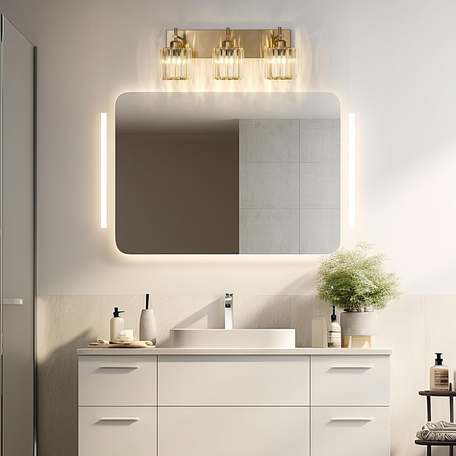 Moderna lámpara de tocador de baño de cristal de 3 luces de latón para pared, sobre espejo, iluminación de tocador negra y dorada para baño, pantalla cuadrada, aplique de pared de latón - Imagen 164