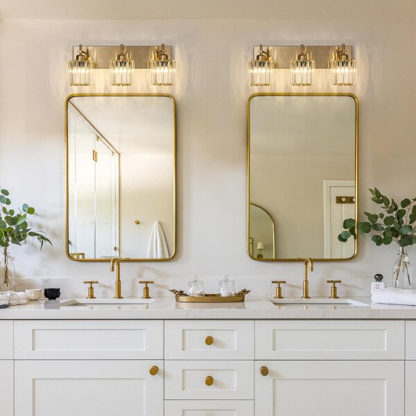 Moderna lámpara de tocador de baño de cristal de 3 luces de latón para pared, sobre espejo, iluminación de tocador negra y dorada para baño, pantalla cuadrada, aplique de pared de latón - Imagen 168