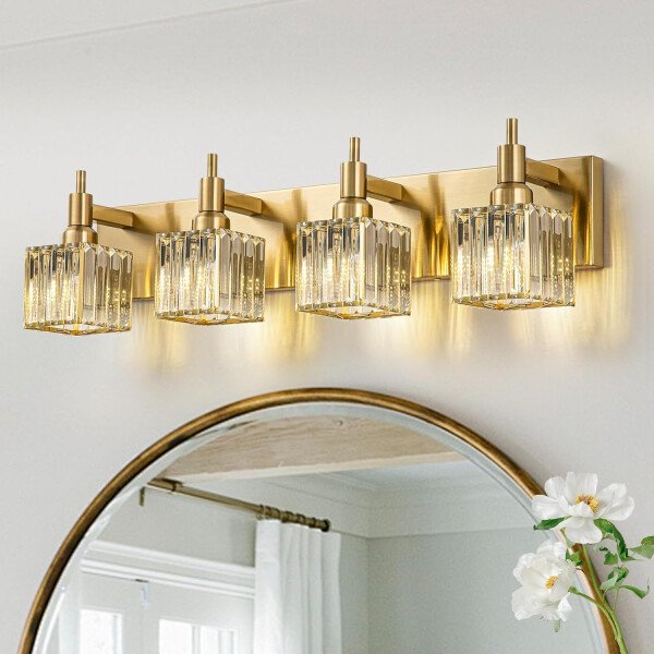 Moderna lámpara de tocador de baño de cristal de 3 luces de latón para pared, sobre espejo, iluminación de tocador negra y dorada para baño, pantalla cuadrada, aplique de pared de latón - Imagen 170
