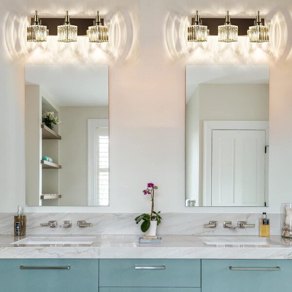 Moderna lámpara de tocador de baño de cristal de 3 luces de latón para pared, sobre espejo, iluminación de tocador negra y dorada para baño, pantalla cuadrada, aplique de pared de latón - Imagen 184