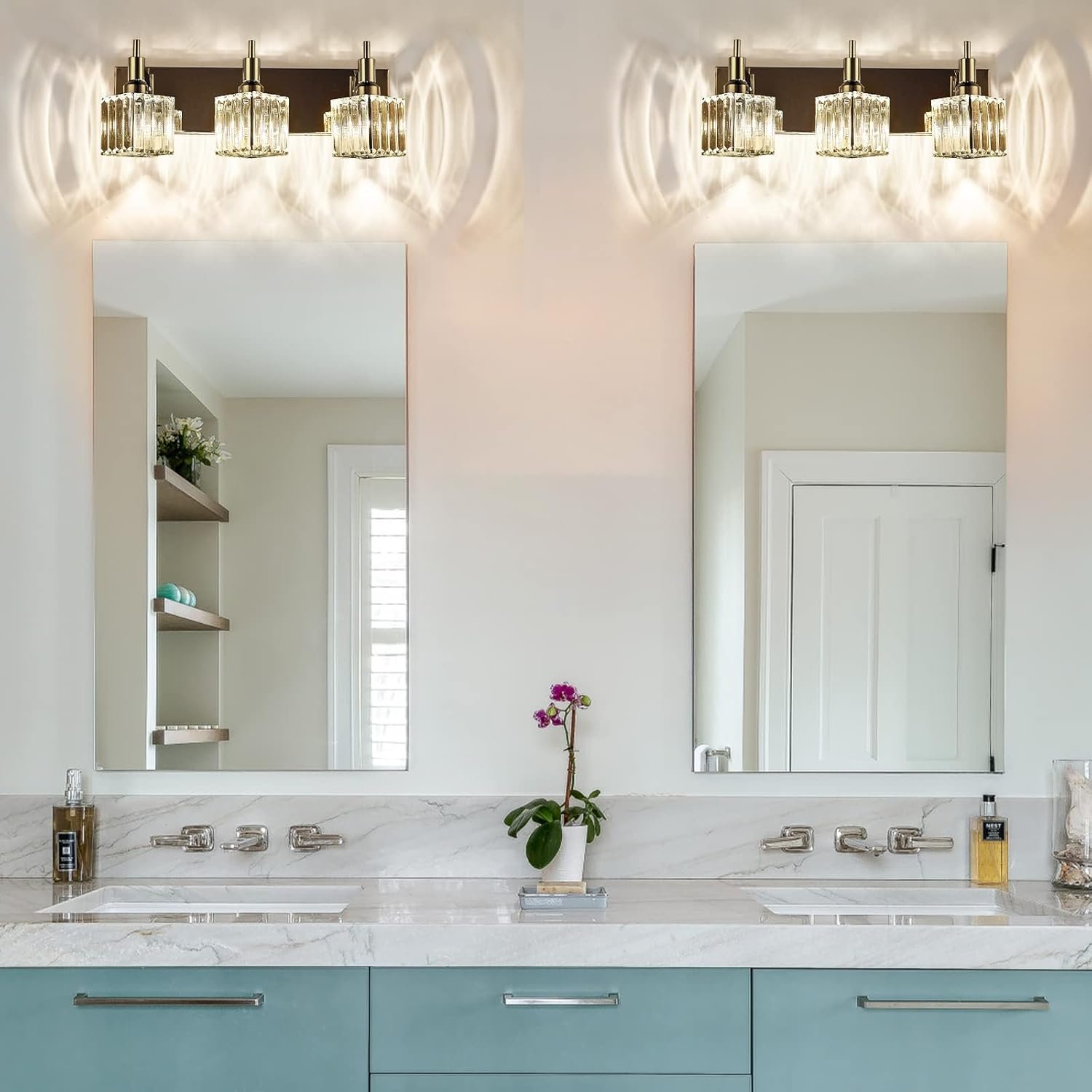 Moderna lámpara de tocador de baño de cristal de 3 luces de latón para pared, sobre espejo, iluminación de tocador negra y dorada para baño, pantalla cuadrada, aplique de pared de latón - Imagen 184