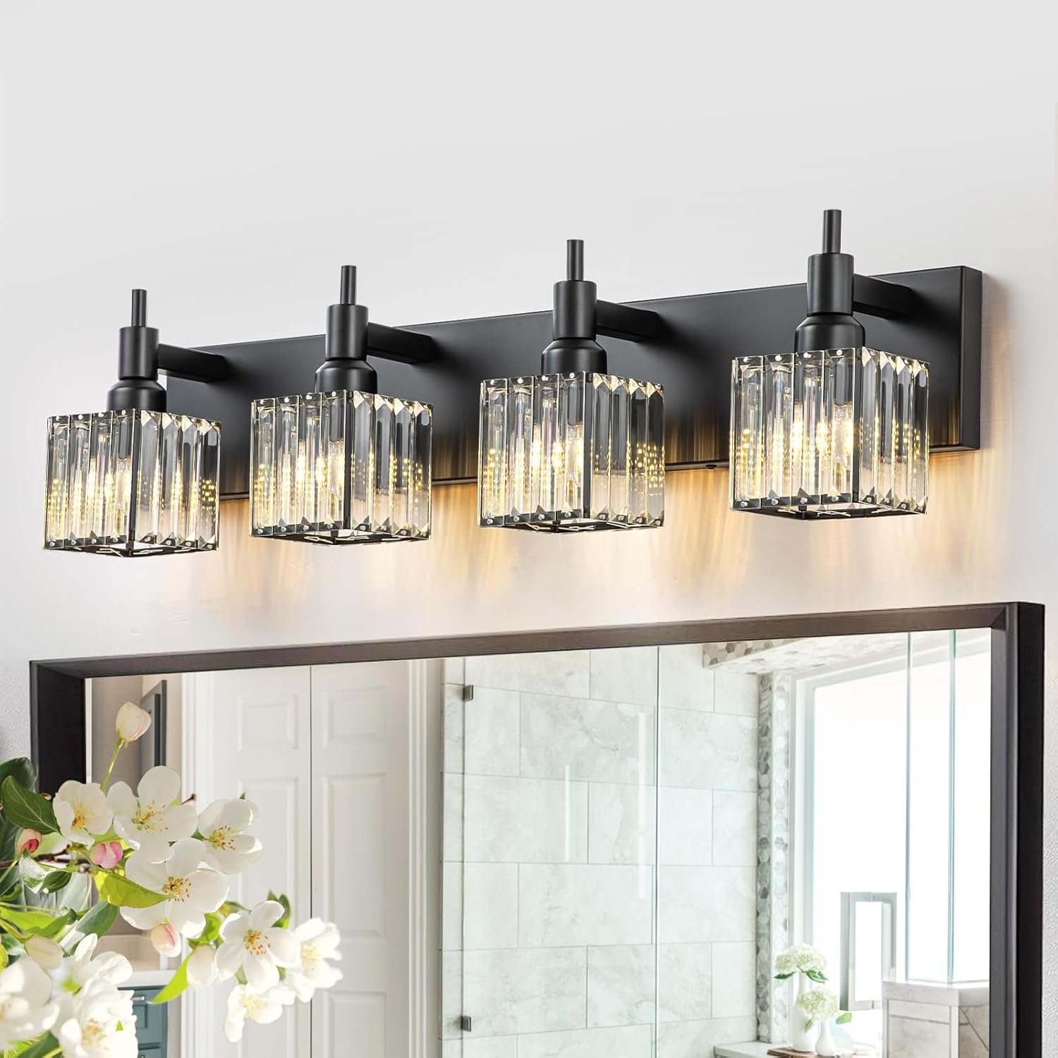 Moderna lámpara de tocador de baño de cristal de 3 luces de latón para pared, sobre espejo, iluminación de tocador negra y dorada para baño, pantalla cuadrada, aplique de pared de latón - Imagen 185
