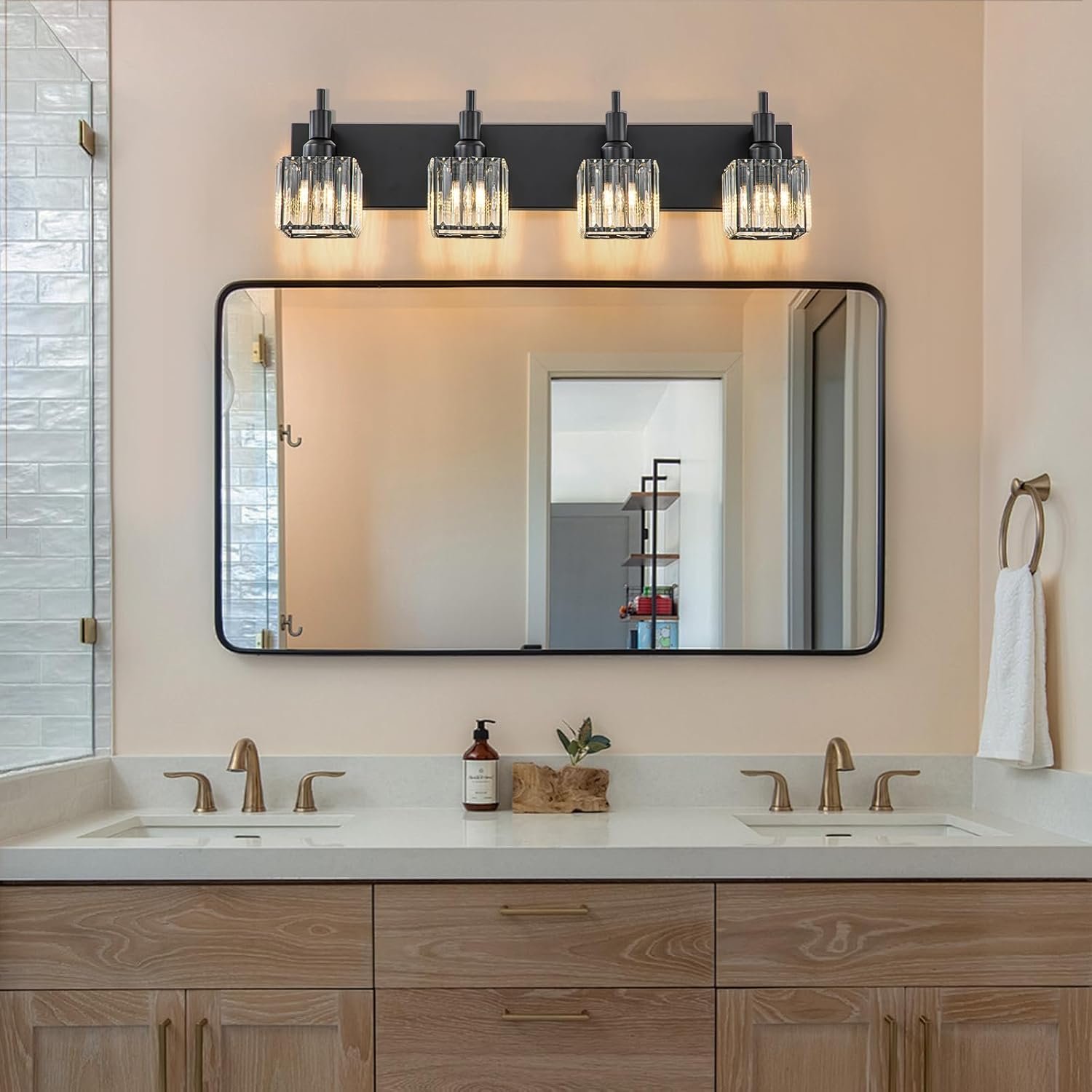 Moderna lámpara de tocador de baño de cristal de 3 luces de latón para pared, sobre espejo, iluminación de tocador negra y dorada para baño, pantalla cuadrada, aplique de pared de latón - Imagen 186