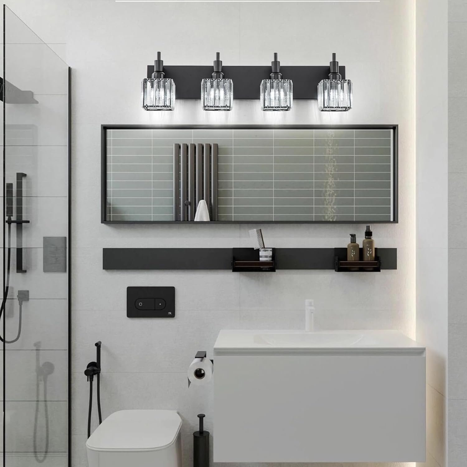 Moderna lámpara de tocador de baño de cristal de 3 luces de latón para pared, sobre espejo, iluminación de tocador negra y dorada para baño, pantalla cuadrada, aplique de pared de latón - Imagen 190