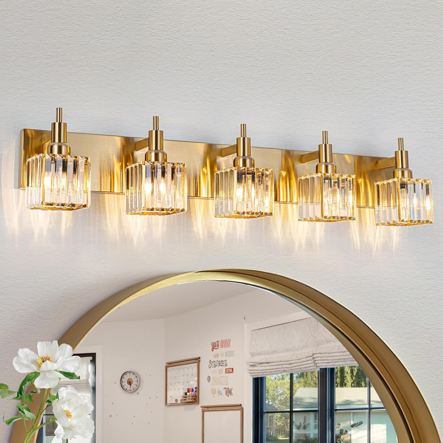 Moderna lámpara de tocador de baño de cristal de 3 luces de latón para pared, sobre espejo, iluminación de tocador negra y dorada para baño, pantalla cuadrada, aplique de pared de latón - Imagen 192