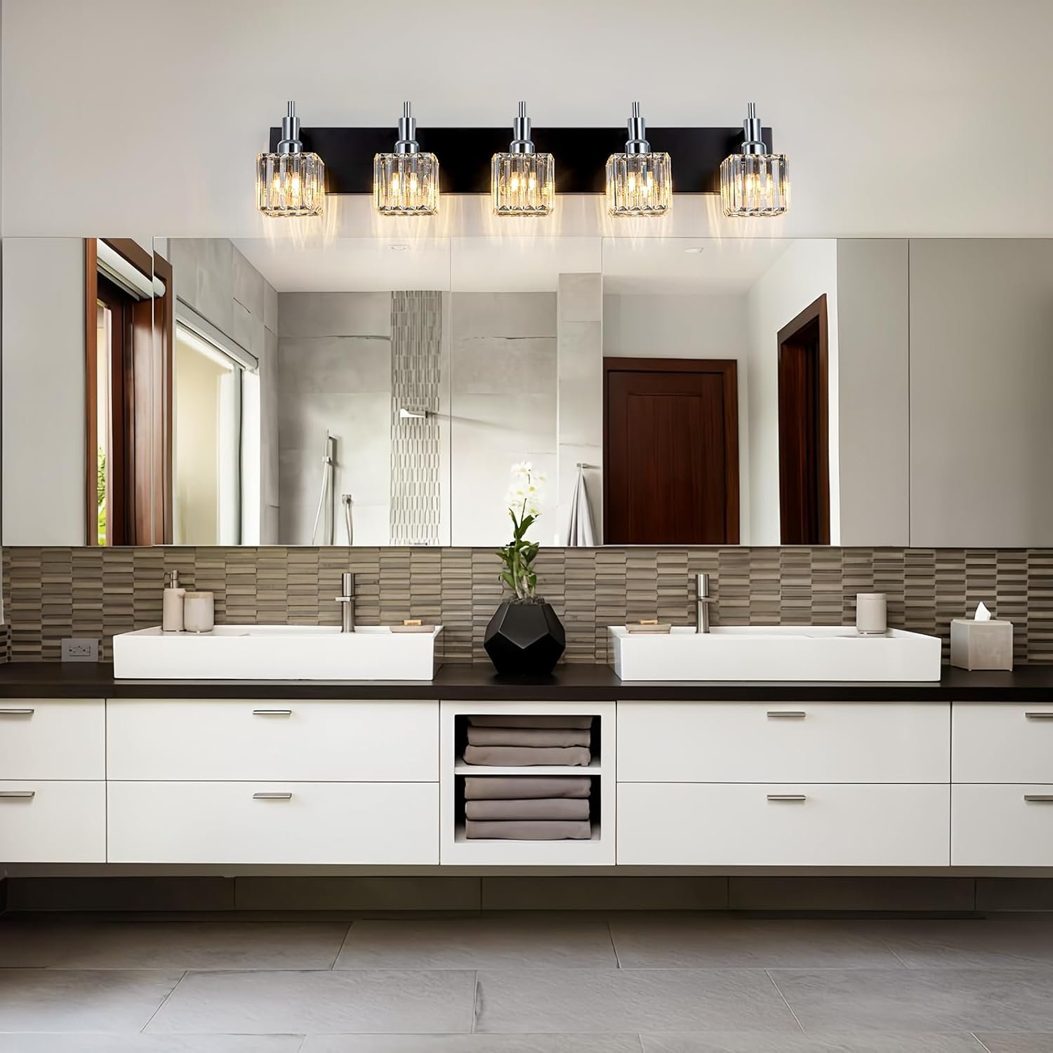 Moderna lámpara de tocador de baño de cristal de 3 luces de latón para pared, sobre espejo, iluminación de tocador negra y dorada para baño, pantalla cuadrada, aplique de pared de latón - Imagen 205