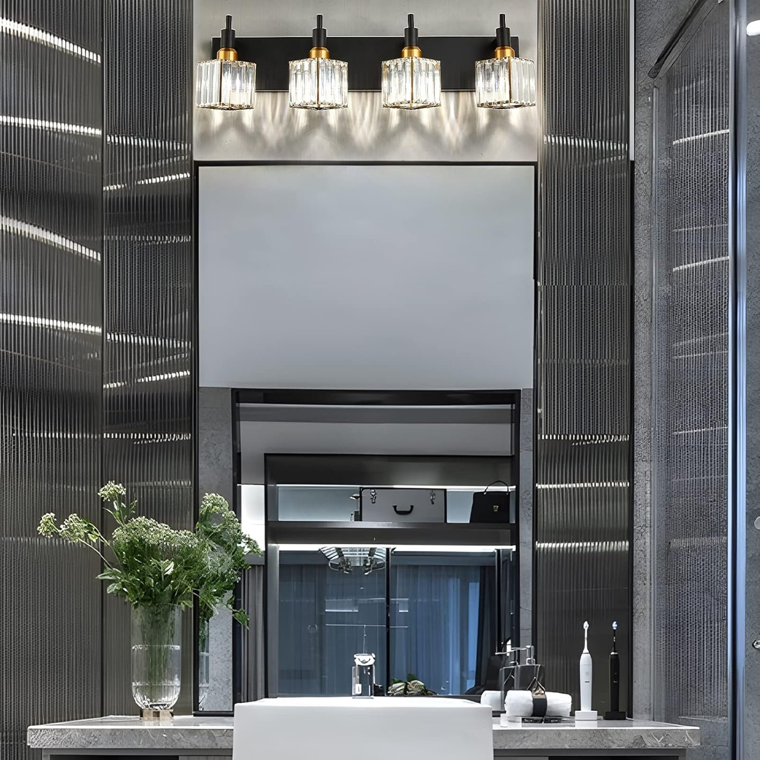 Moderna lámpara de tocador de baño de cristal de 3 luces de latón para pared, sobre espejo, iluminación de tocador negra y dorada para baño, pantalla cuadrada, aplique de pared de latón - Imagen 209