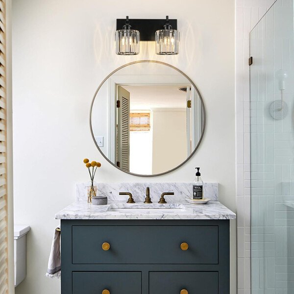 Moderna lámpara de tocador de baño de cristal de 3 luces de latón para pared, sobre espejo, iluminación de tocador negra y dorada para baño, pantalla cuadrada, aplique de pared de latón - Imagen 213