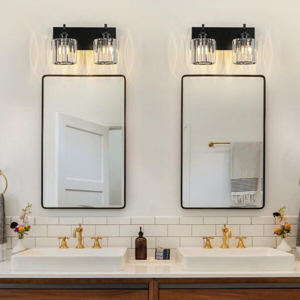 Moderna lámpara de tocador de baño de cristal de 3 luces de latón para pared, sobre espejo, iluminación de tocador negra y dorada para baño, pantalla cuadrada, aplique de pared de latón - Imagen 215