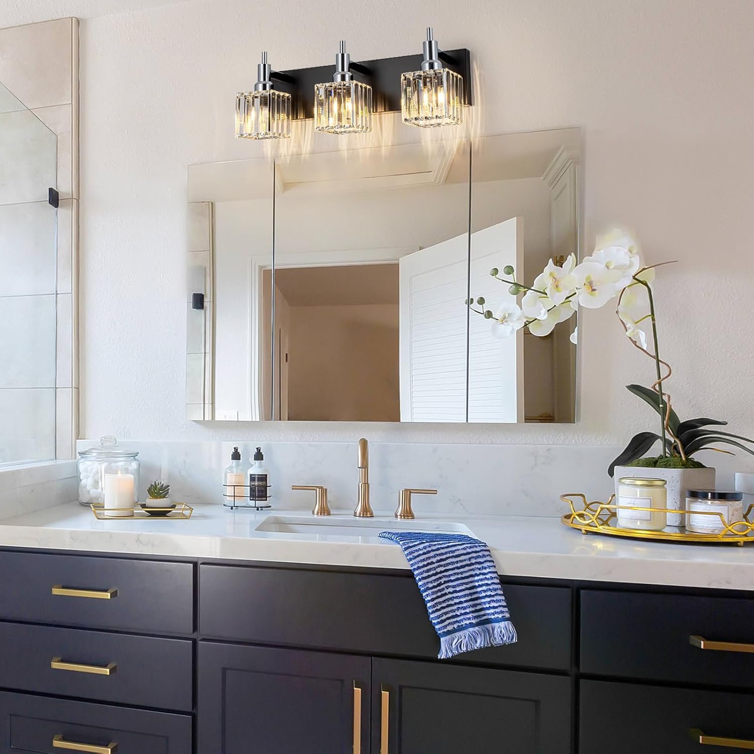 Moderna lámpara de tocador de baño de cristal de 3 luces de latón para pared, sobre espejo, iluminación de tocador negra y dorada para baño, pantalla cuadrada, aplique de pared de latón - Imagen 228