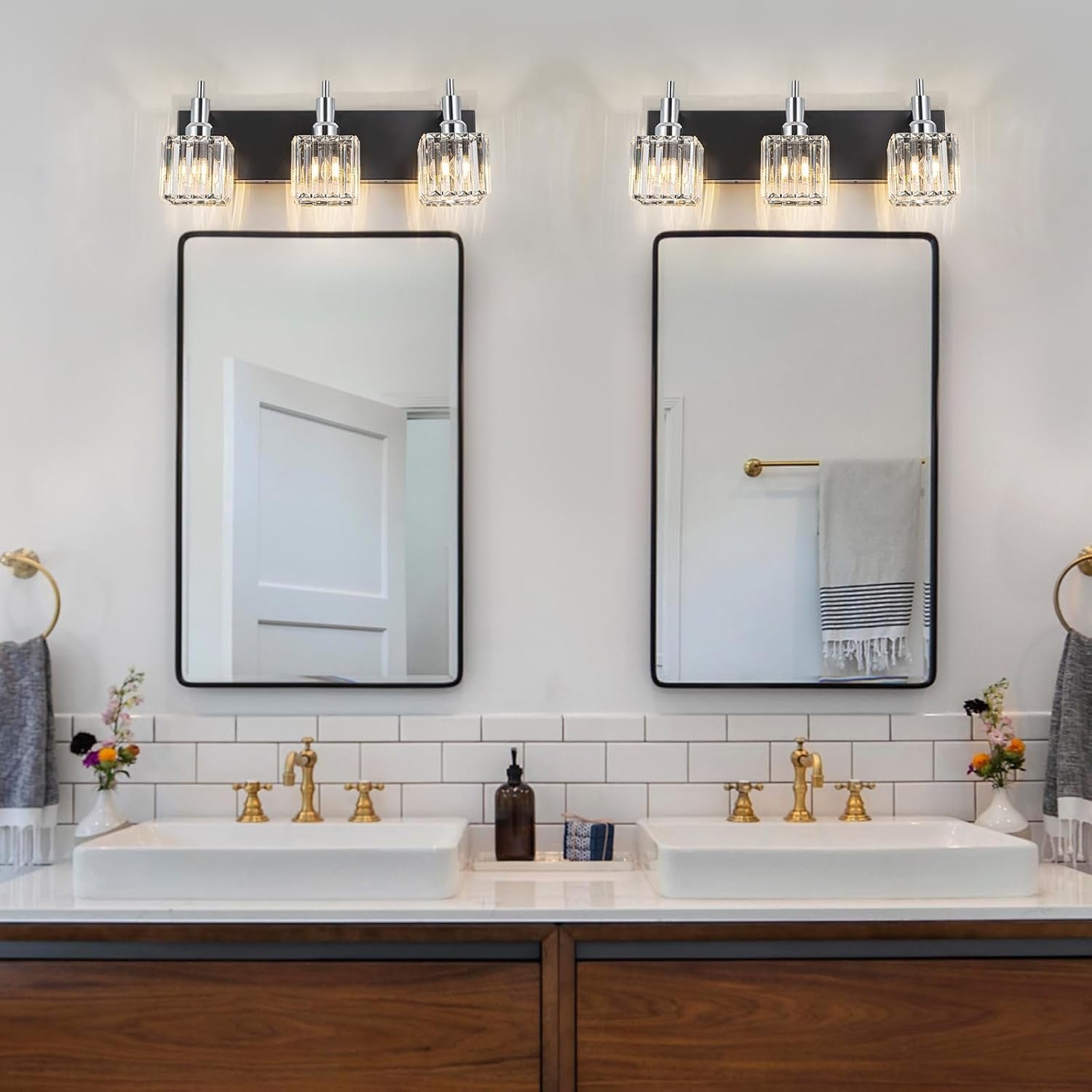 Moderna lámpara de tocador de baño de cristal de 3 luces de latón para pared, sobre espejo, iluminación de tocador negra y dorada para baño, pantalla cuadrada, aplique de pared de latón - Imagen 230
