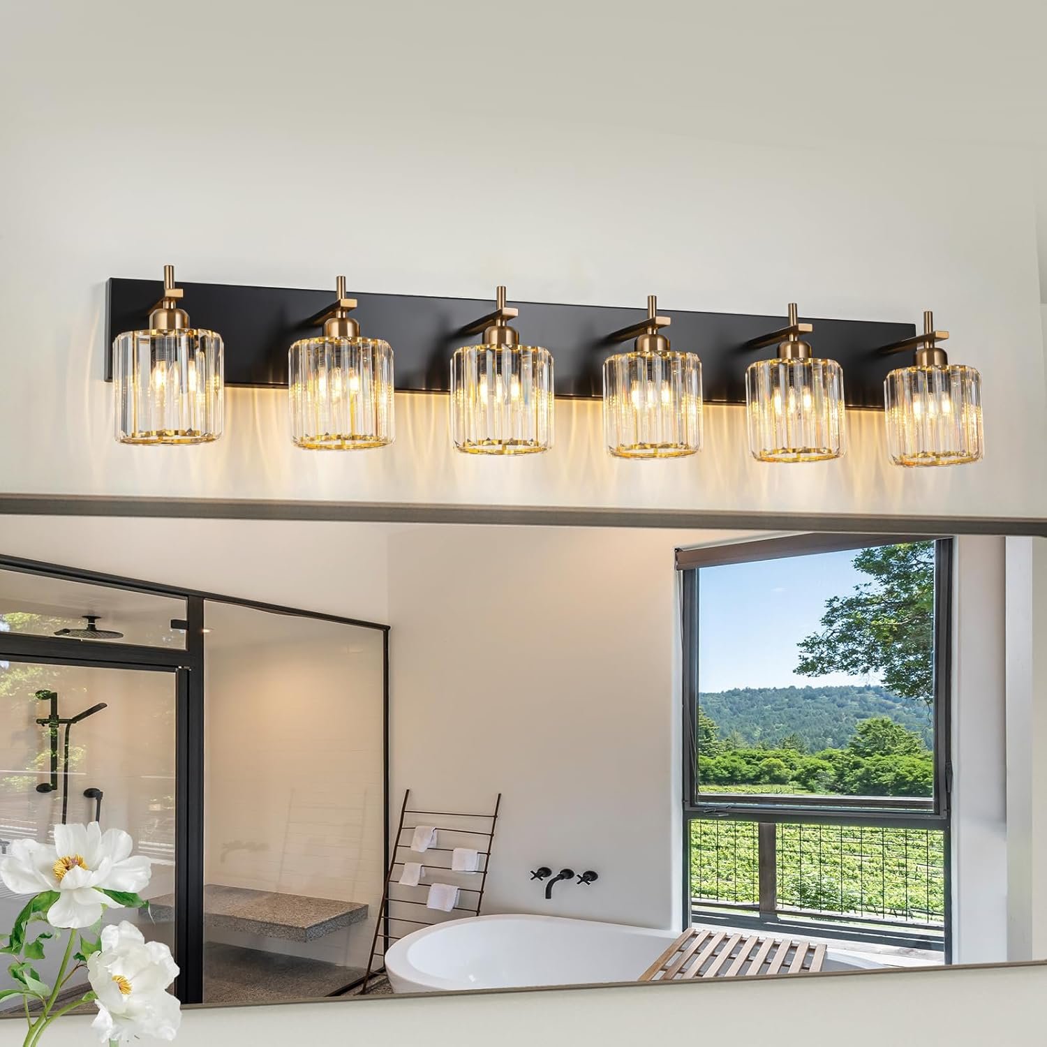 Moderna lámpara de tocador de baño de cristal de 3 luces de latón para pared, sobre espejo, iluminación de tocador negra y dorada para baño, pantalla cuadrada, aplique de pared de latón - Imagen 233