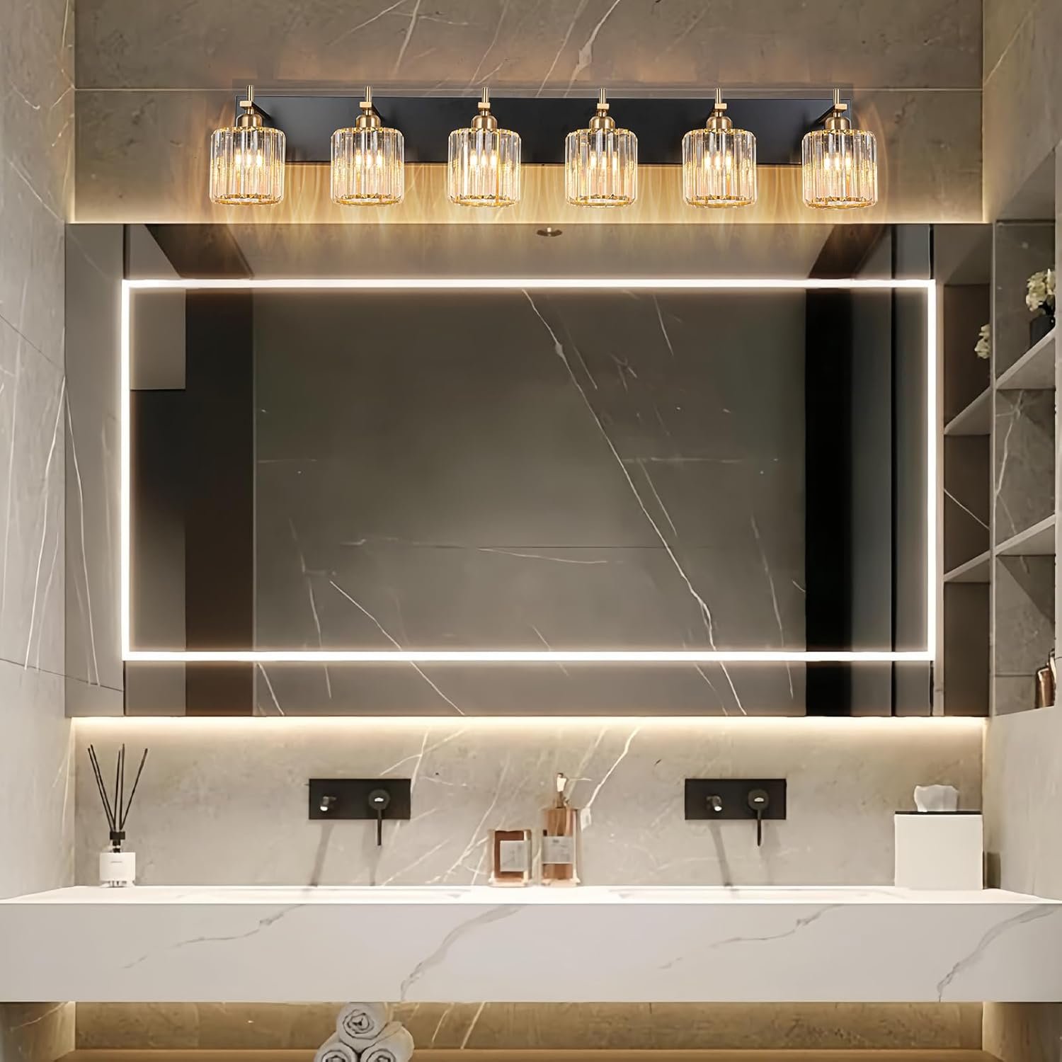 Moderna lámpara de tocador de baño de cristal de 3 luces de latón para pared, sobre espejo, iluminación de tocador negra y dorada para baño, pantalla cuadrada, aplique de pared de latón - Imagen 234