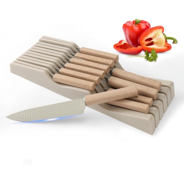 Juego de cuchillos de cocina de 12 piezas con bloque de cuchillos en el cajón, juego de cuchillos de acero inoxidable con 6 cuchillos de carne, revestimiento antiadherente ultra afilado, juego de
