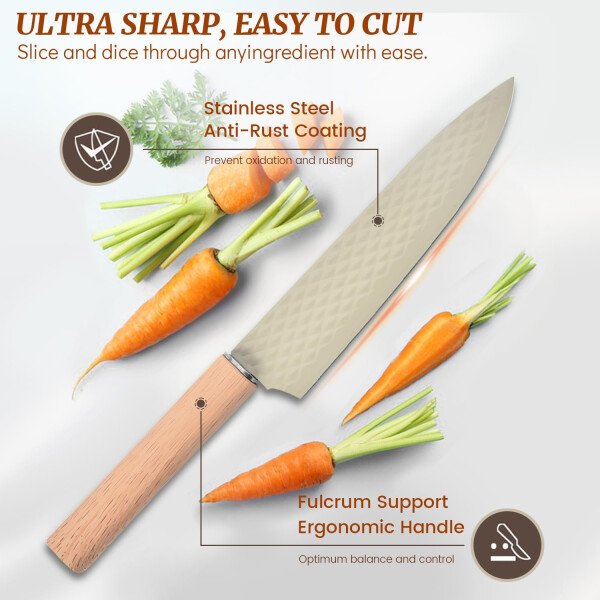 Juego de cuchillos de cocina de 12 piezas con bloque de cuchillos en el cajón, juego de cuchillos de acero inoxidable con 6 cuchillos de carne, revestimiento antiadherente ultra afilado, juego de - Image 2