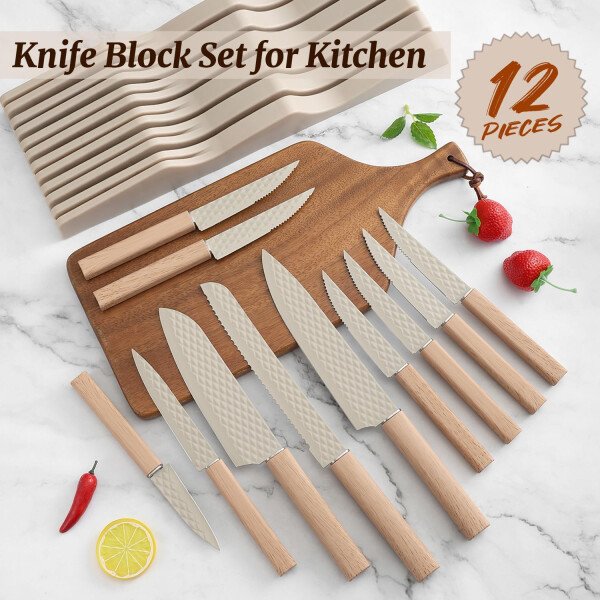 Juego de cuchillos de cocina de 12 piezas con bloque de cuchillos en el cajón, juego de cuchillos de acero inoxidable con 6 cuchillos de carne, revestimiento antiadherente ultra afilado, juego de - Image 3