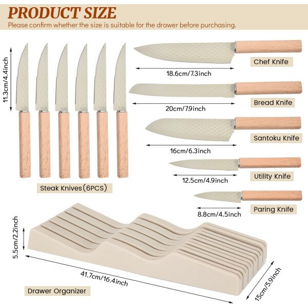 Juego de cuchillos de cocina de 12 piezas con bloque de cuchillos en el cajón, juego de cuchillos de acero inoxidable con 6 cuchillos de carne, revestimiento antiadherente ultra afilado, juego de - Image 8