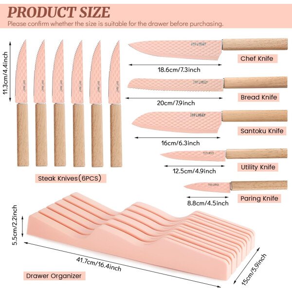 Juego de cuchillos de cocina de 12 piezas con bloque de cuchillos en el cajón, juego de cuchillos de acero inoxidable con 6 cuchillos de carne, revestimiento antiadherente ultra afilado, juego de - Image 16