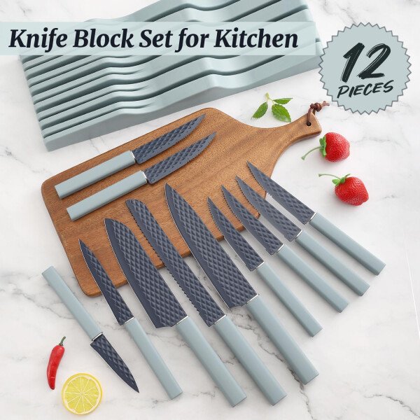 Juego de cuchillos de cocina de 12 piezas con bloque de cuchillos en el cajón, juego de cuchillos de acero inoxidable con 6 cuchillos de carne, revestimiento antiadherente ultra afilado, juego de - Image 19