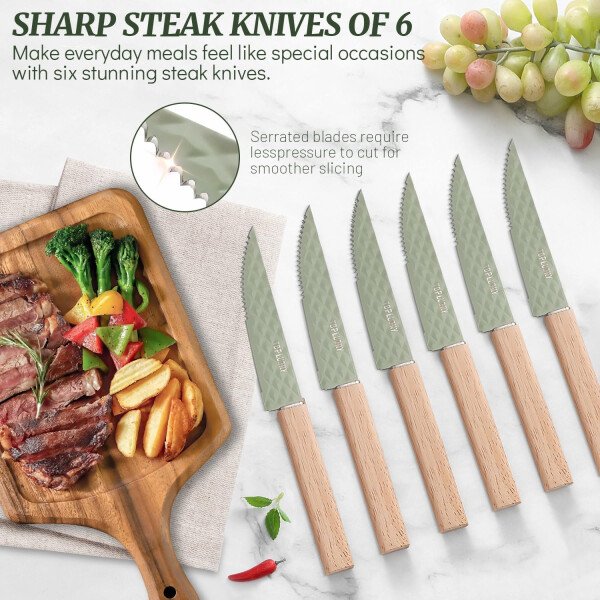 Juego de cuchillos de cocina de 12 piezas con bloque de cuchillos en el cajón, juego de cuchillos de acero inoxidable con 6 cuchillos de carne, revestimiento antiadherente ultra afilado, juego de - Image 30