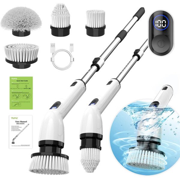 TUYU - Limpiador eléctrico giratorio, limpiador de baño impermeable IPX7, con pantalla LCD de potencia, mango de extensión ajustable, cepillo de limpieza inalámbrico para baño, limpieza de cocina