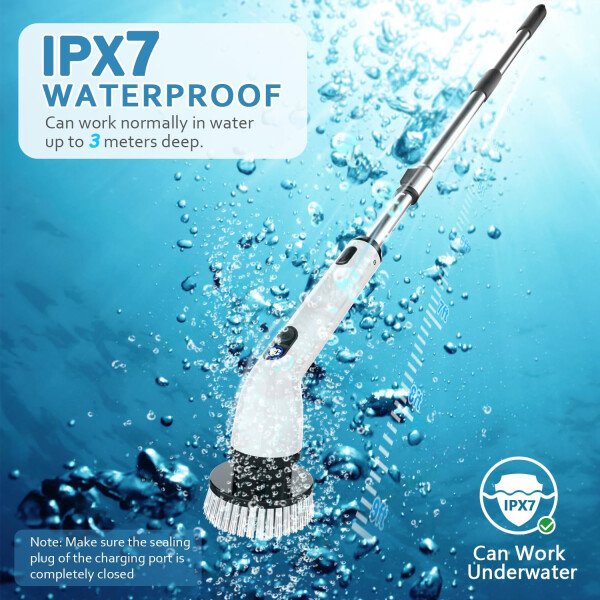 TUYU - Limpiador eléctrico giratorio, limpiador de baño impermeable IPX7, con pantalla LCD de potencia, mango de extensión ajustable, cepillo de limpieza inalámbrico para baño, limpieza de cocina - Imagen 12